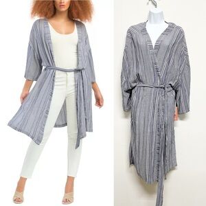 Dex Plus Womens Indigo Striped Printed Bohemian Chiffon Kimono Robe Size 1X